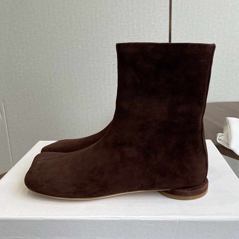 Leatherwork Designs - チェルシーブーツ女性スエードフラットボトムショートブーツラウンドトゥジッパーデザインアンクルボタスムジェ女性秋冬休暇靴